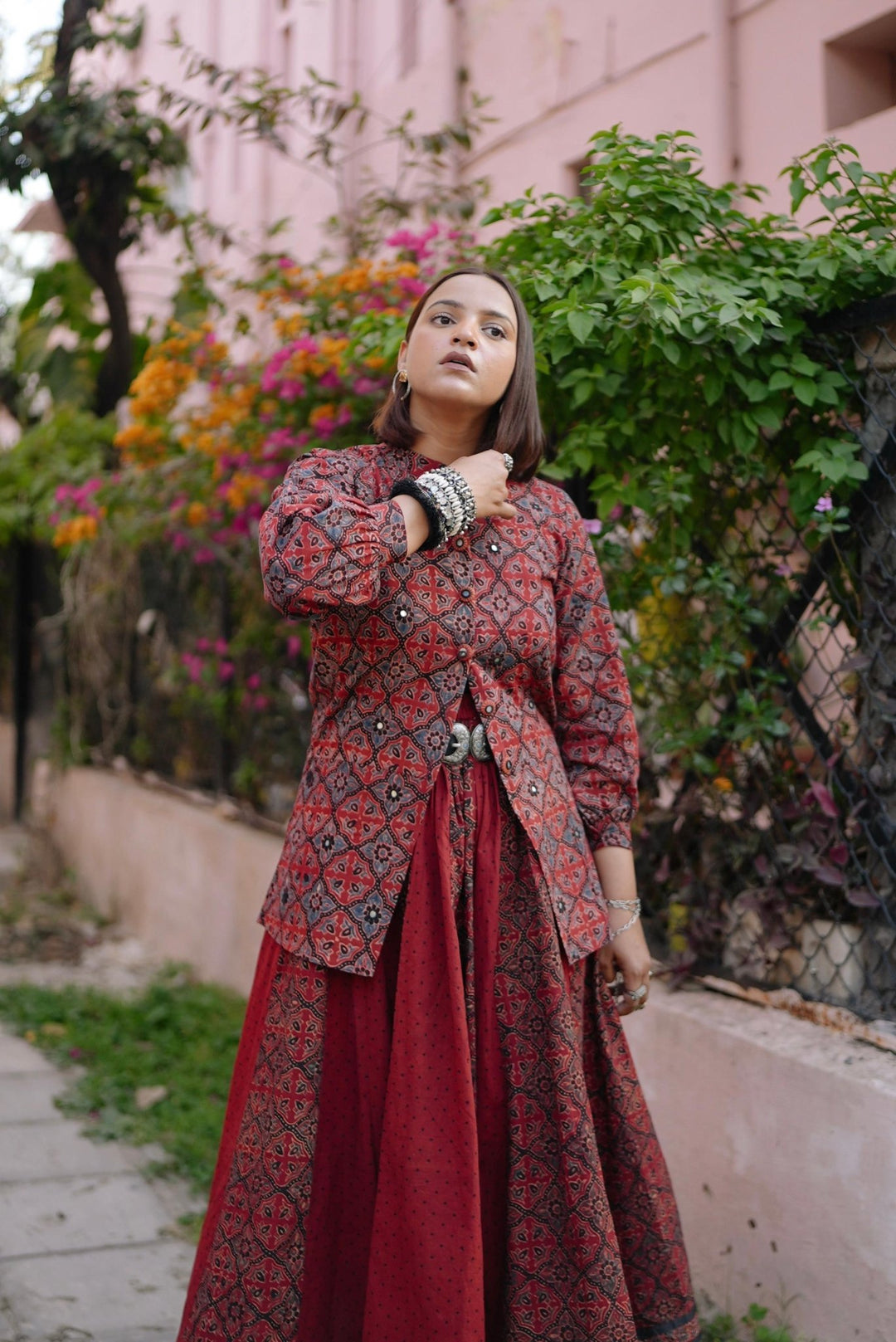 Ajrakh Jacket with Kutch Mirror Work - womenswear -