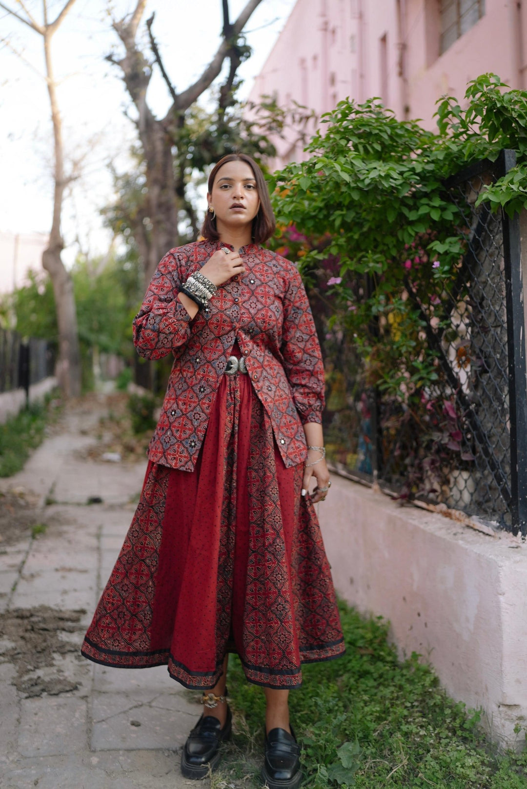 Ajrakh Jacket with Kutch Mirror Work - womenswear -