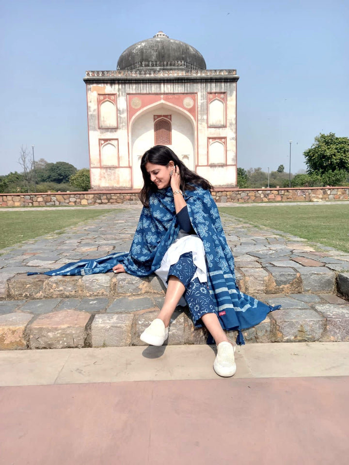 Indigo 5 Leaf Clover Dupatta - dupatta - 02643/DT/I