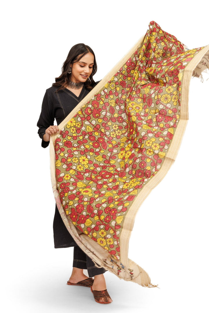 Hand Painted Kalamkari Cotton Dupatta - dupatta - 02991/DT/K