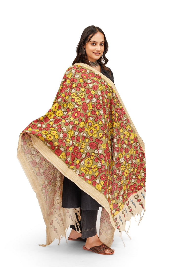 Hand Painted Kalamkari Cotton Dupatta - dupatta - 02991/DT/K