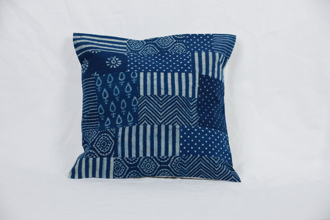 Indigo Hand Block Patch Work Cushion - cushion - 04234/CU