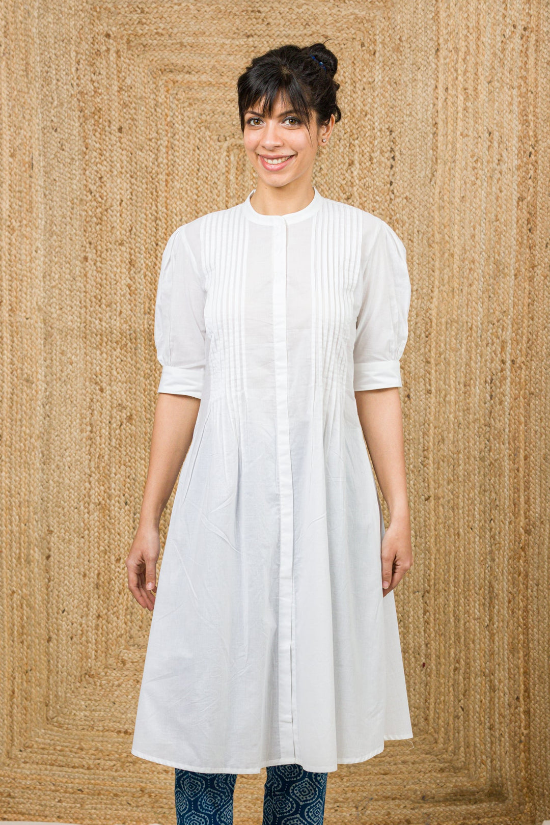 White Cotton Kurta With Indigo Pants And Stole - womenswear - 1046/W/CKPS/WCI