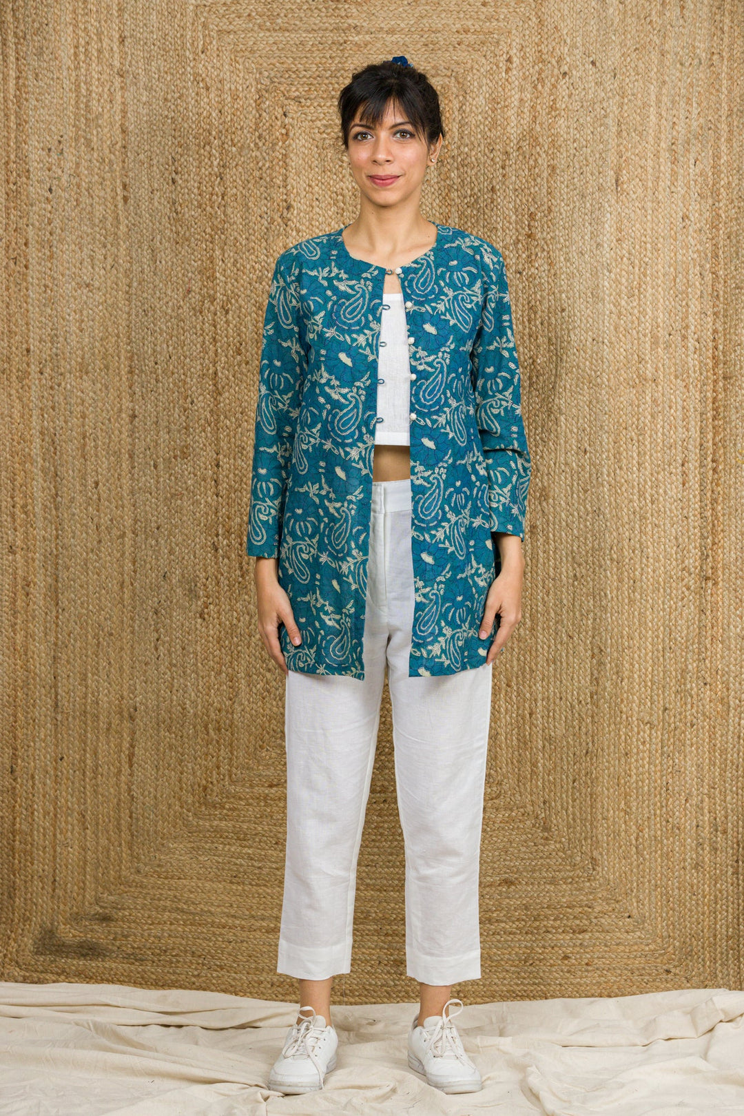 Indigo Hand Block Print Jacket With White Inner And Linen Pants - womenswear - 1057/W/JCTP/LPI