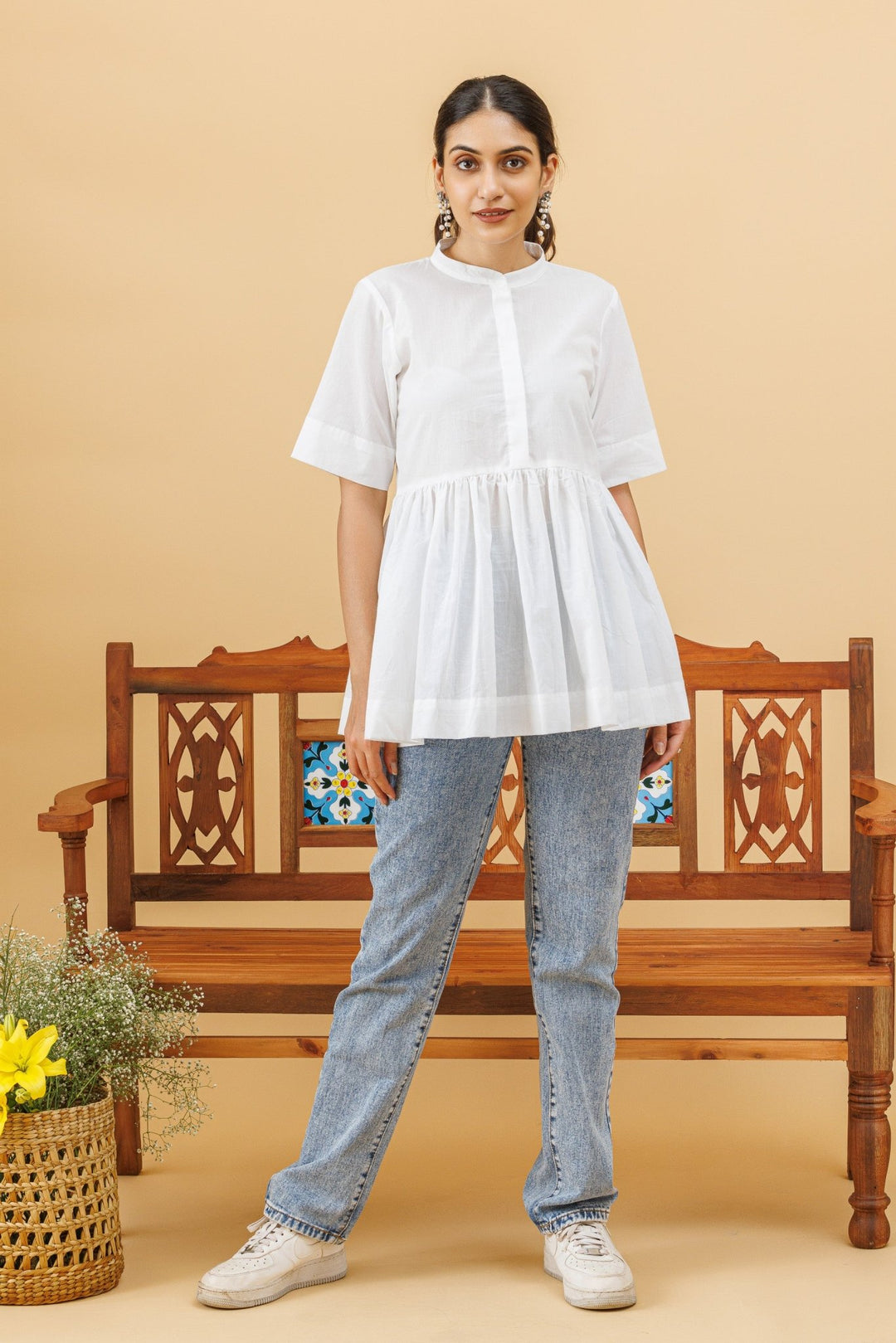 White Cotton Flared/Peplum Top - womenswear - 1069/W/T/WC