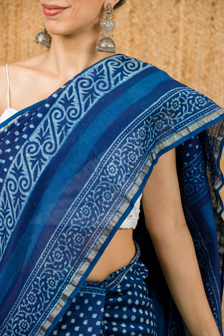 Chanderi Indigo Hand Block Print Saree - womenswear - 1102/W/SR/I