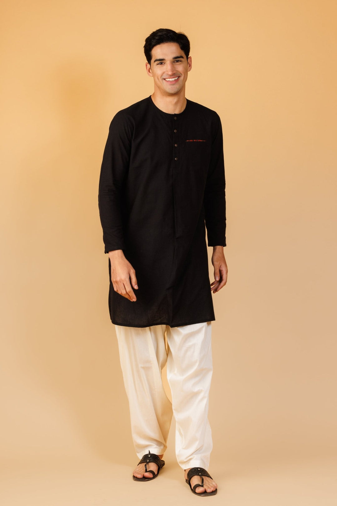 Black Handloom Kurta With Ajrakh Detailing For Men - mens -