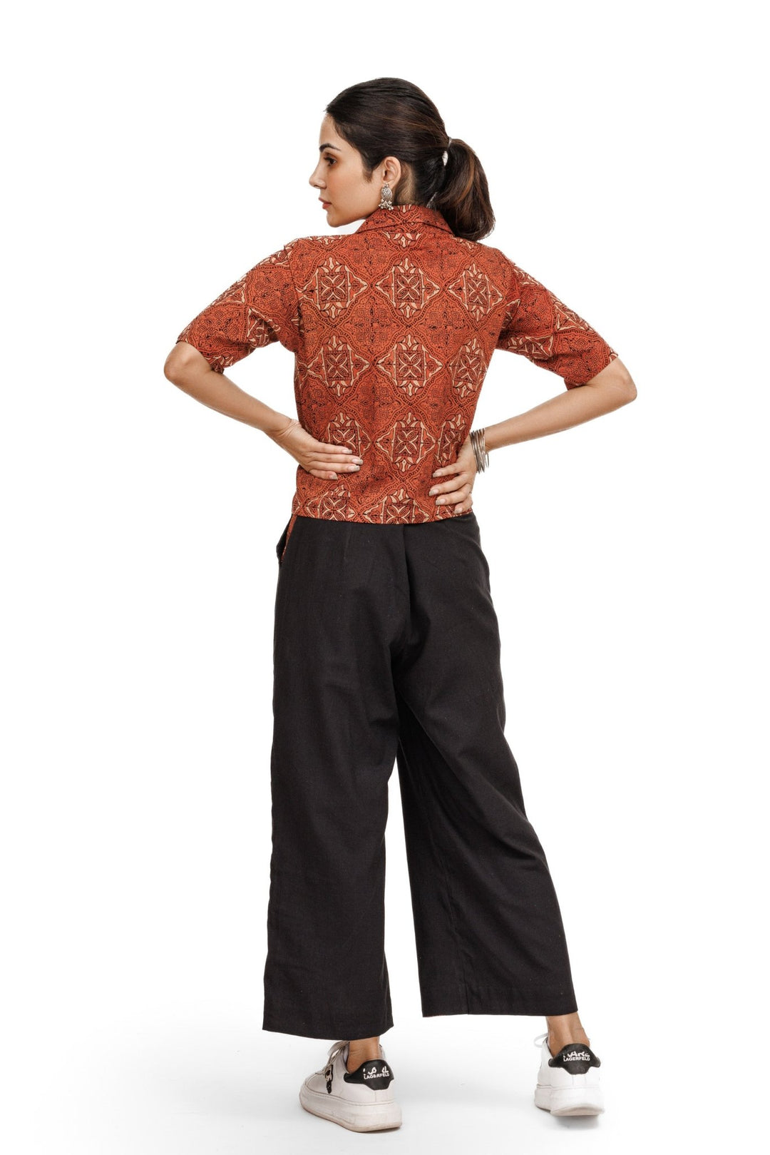 Fusion Ajrakh Crop Top With Handloom Pants / Culottes - womenswear -