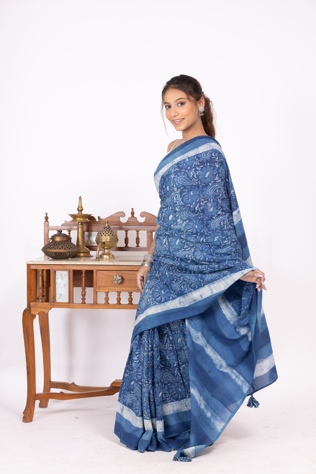 Indigo Paisley Hand Block Print Saree - womenswear -