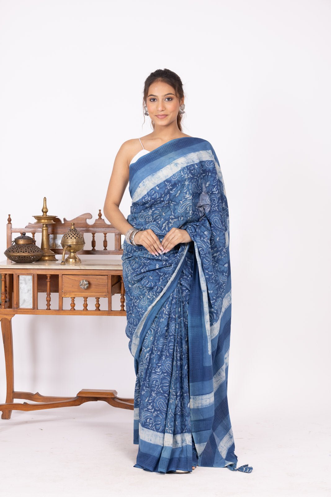 Indigo Paisley Hand Block Print Saree - womenswear -