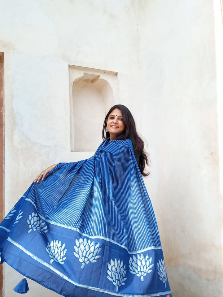 Indigo Stripes and Lotus Dupatta - dupatta -