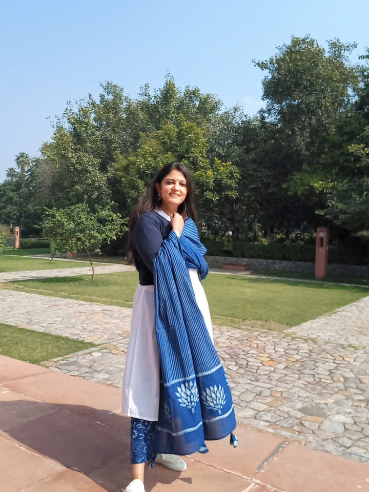 Indigo Stripes and Lotus Dupatta - dupatta -