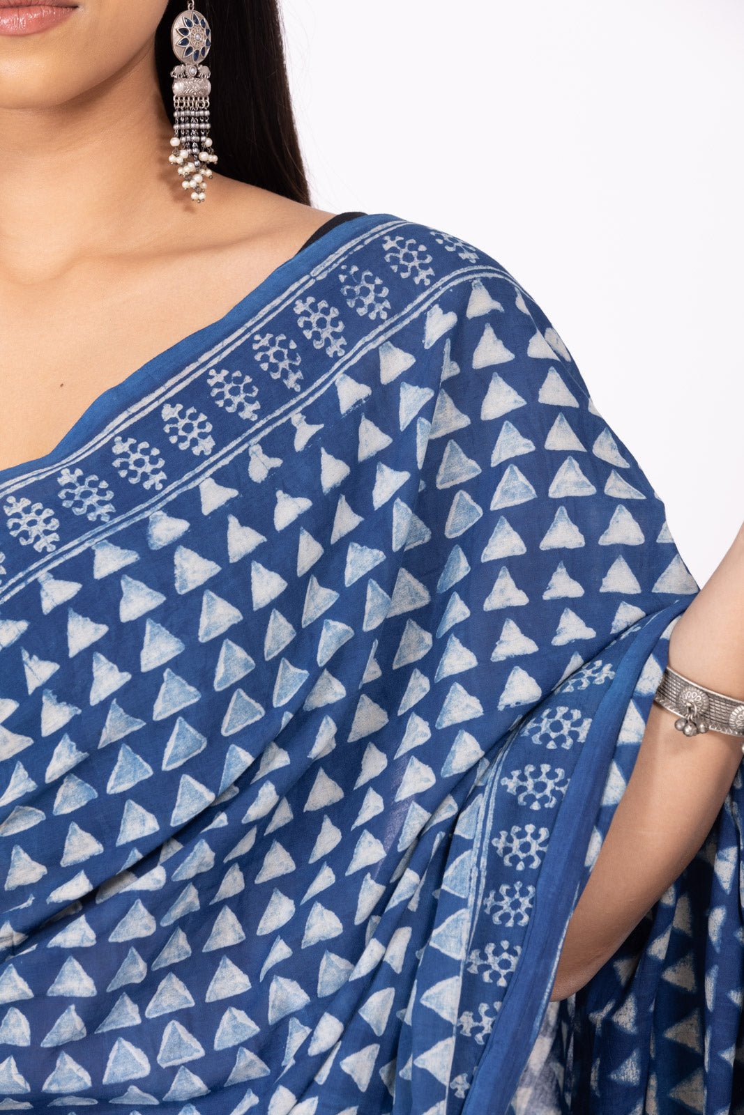 Indigo Triangle Hand Block Print Saree - womenswear -