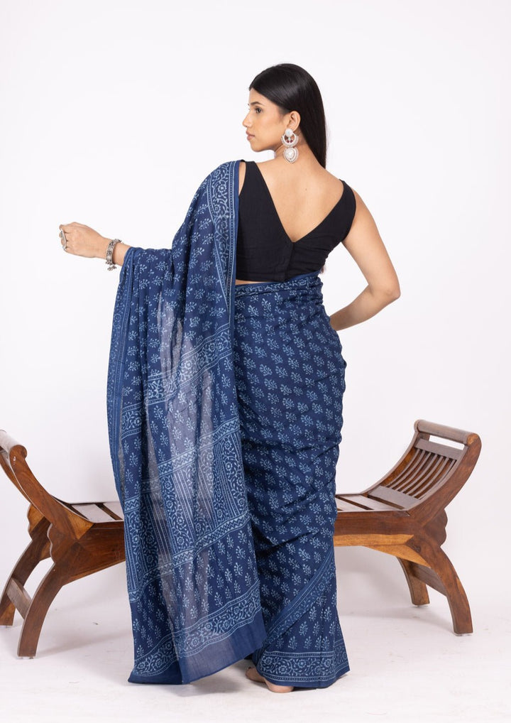 Indigo Tuberose Hand Block Print Saree - womenswear -