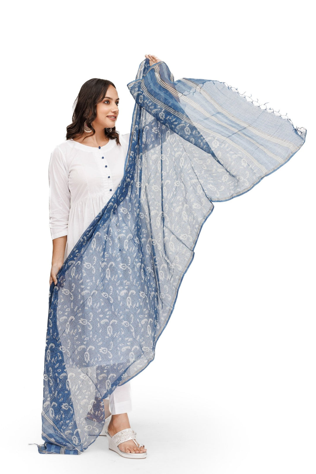 Kota Doria Indigo Paisley Dupatta - dupatta -