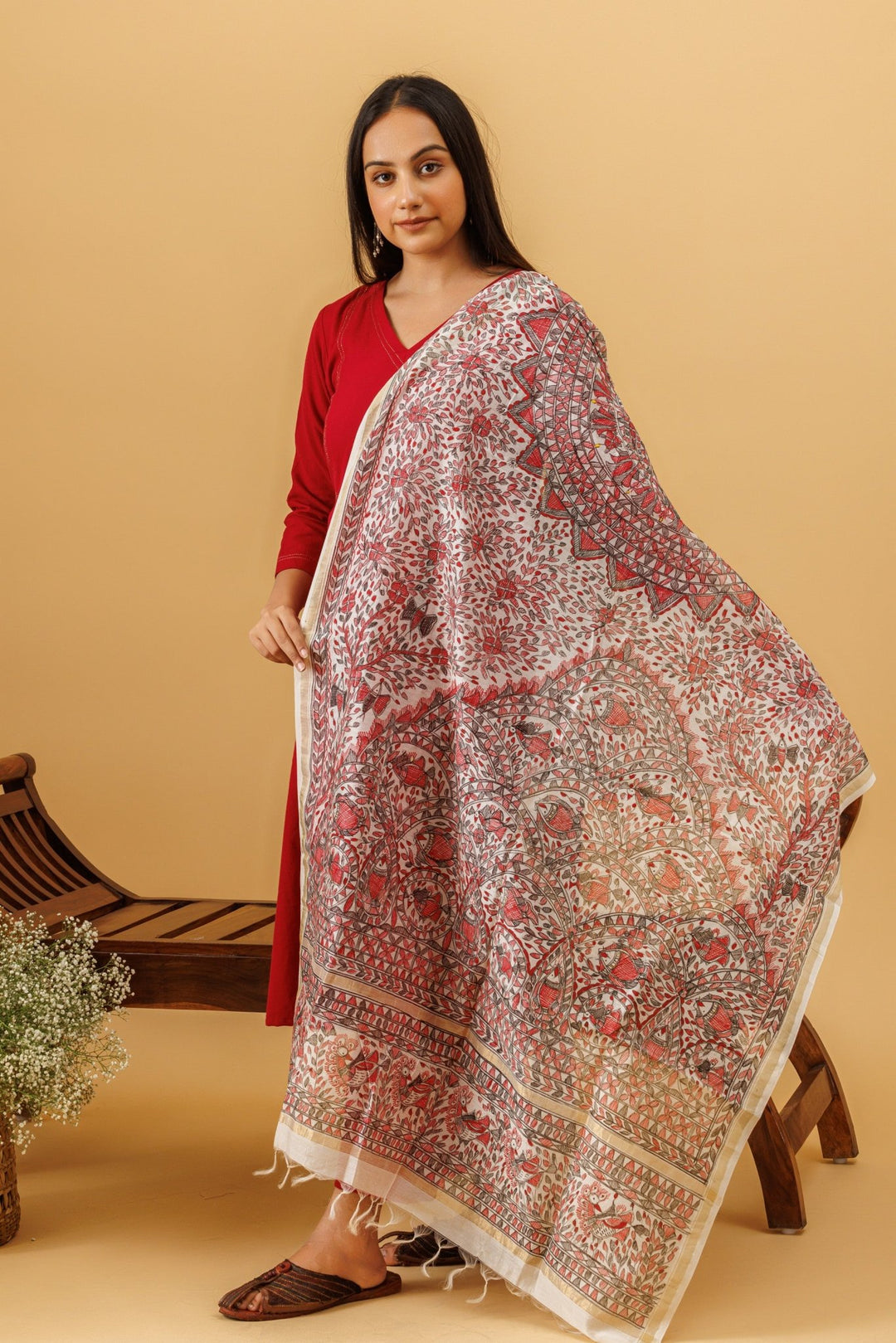 Madhubani Hand Painted Chanderi Dupatta - dupatta -