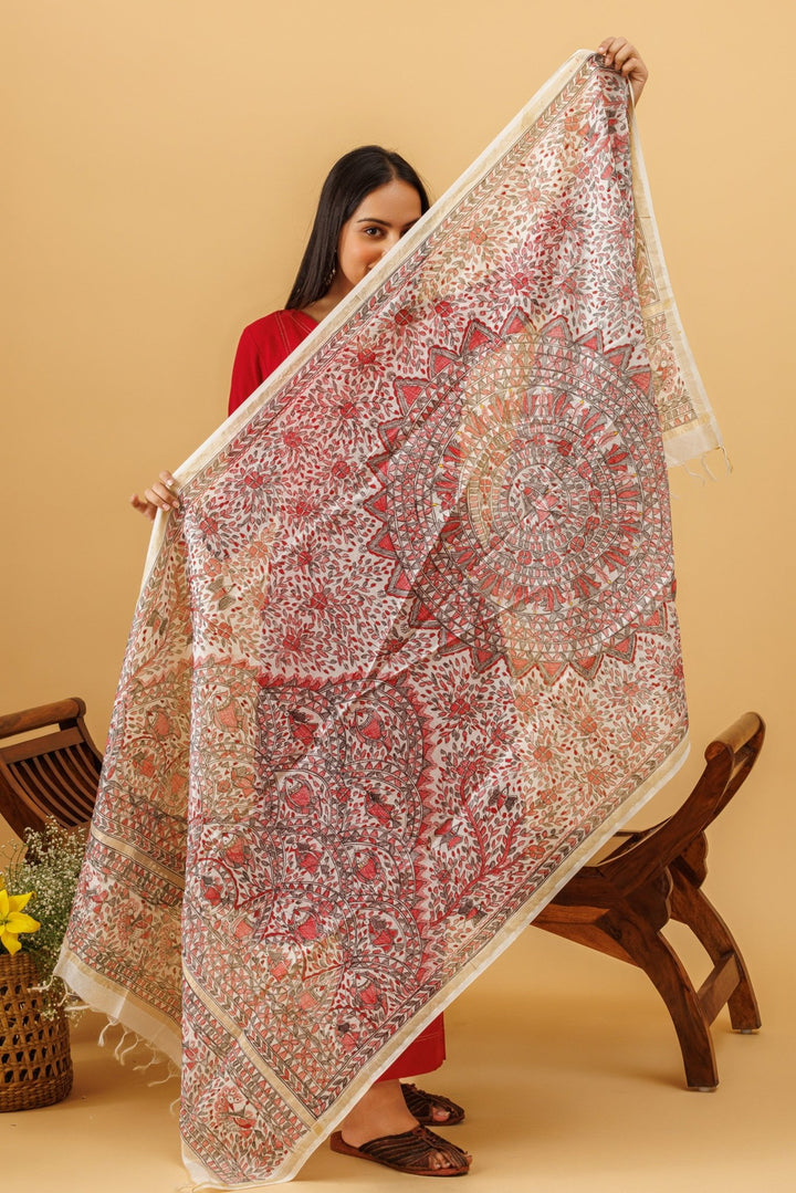Madhubani Hand Painted Chanderi Dupatta - dupatta -