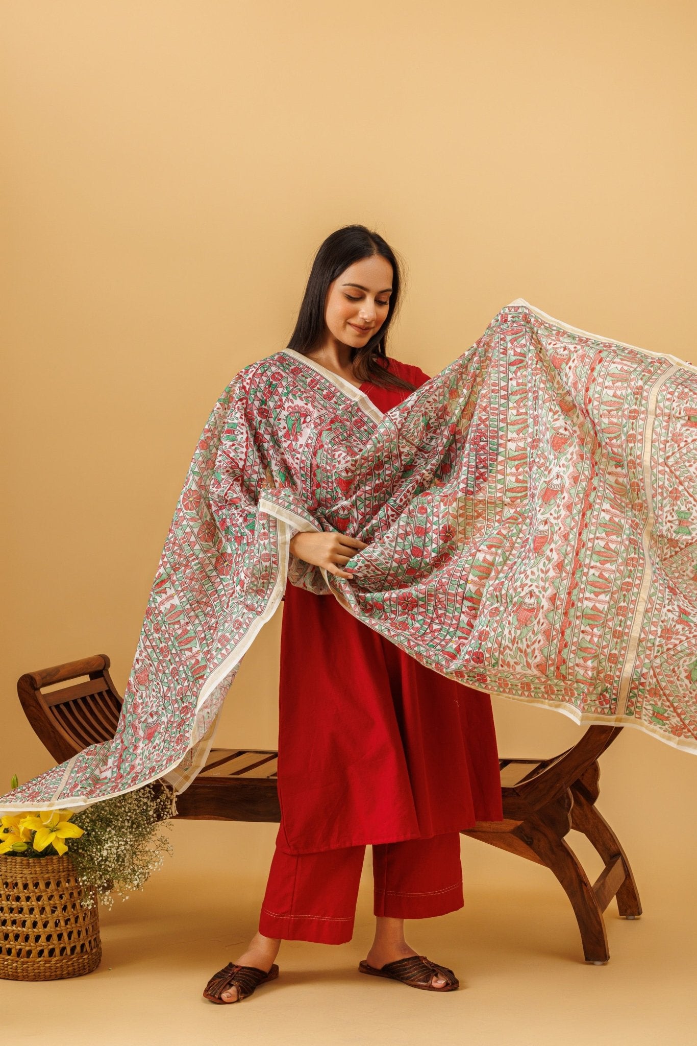 White - Handloom Chanderi Silk Handpainted Madhubani Dupatta 32