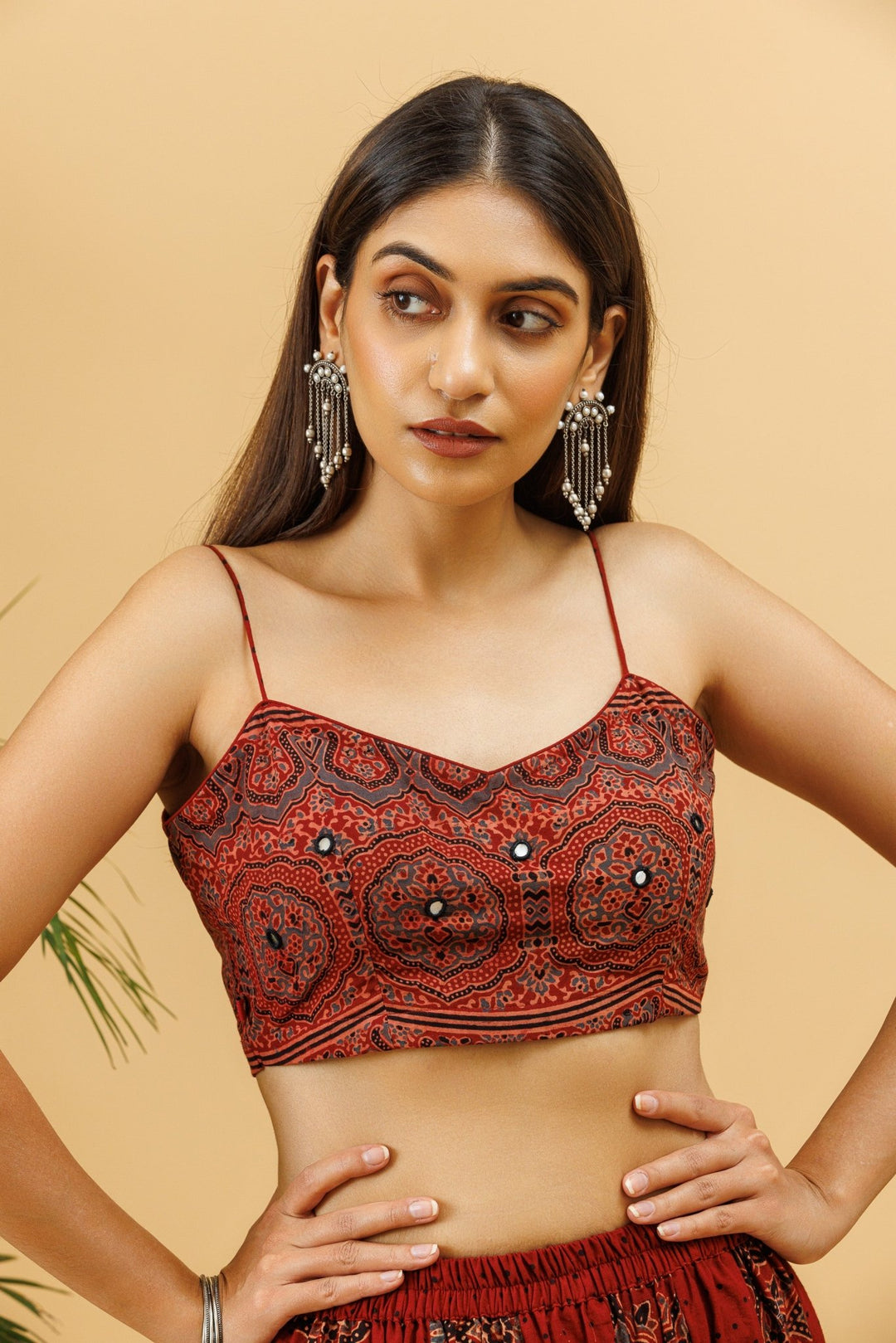 Maroon Ajrakh Spaghetti Strap Blouse With Mirror Work - womenswear -