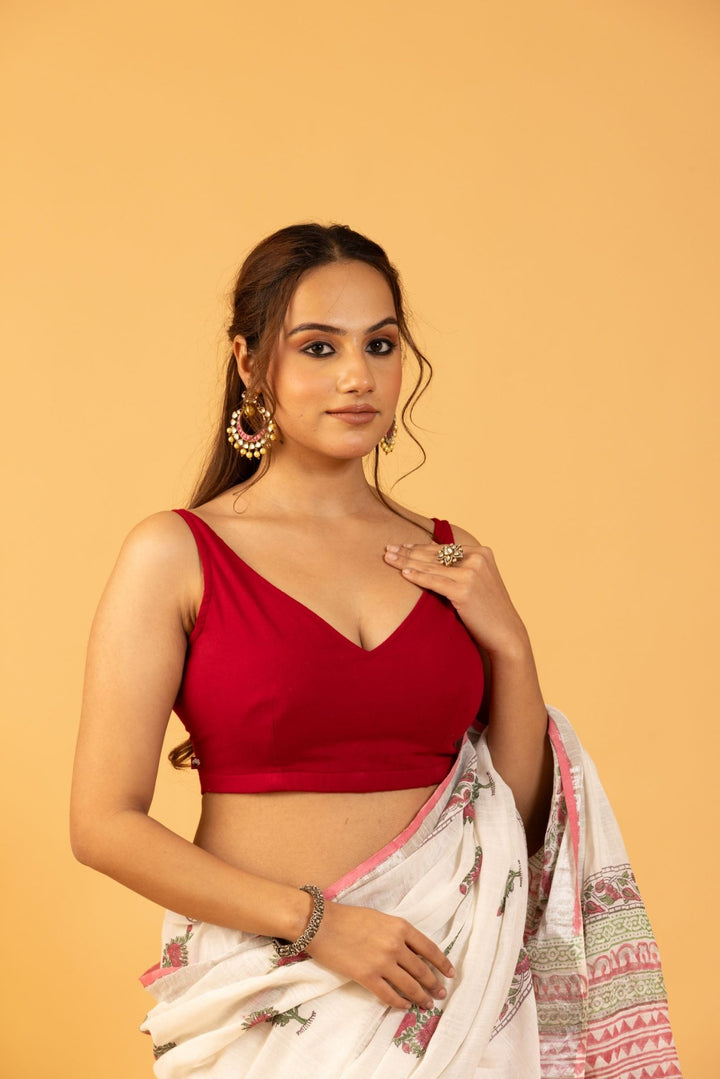 Red Cotton V Neck Blouse - womenswear -