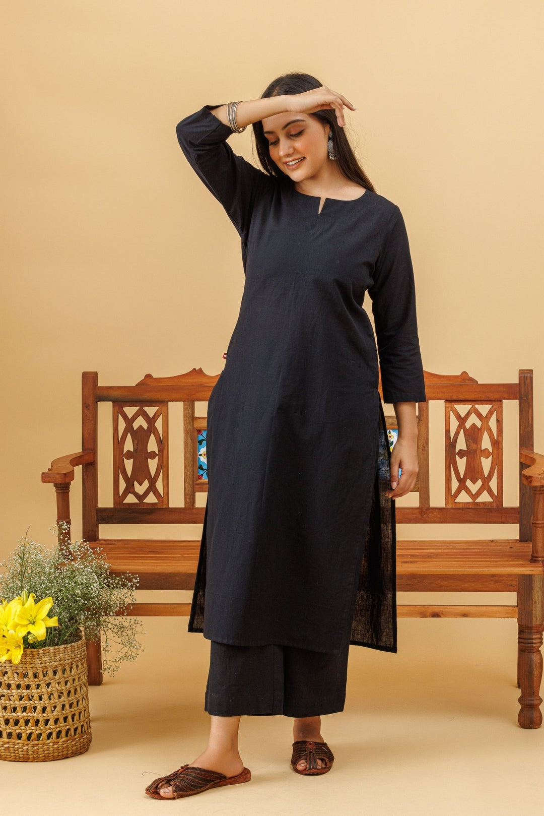 Straight Black Cotton Kurta with Lower - womenswear -