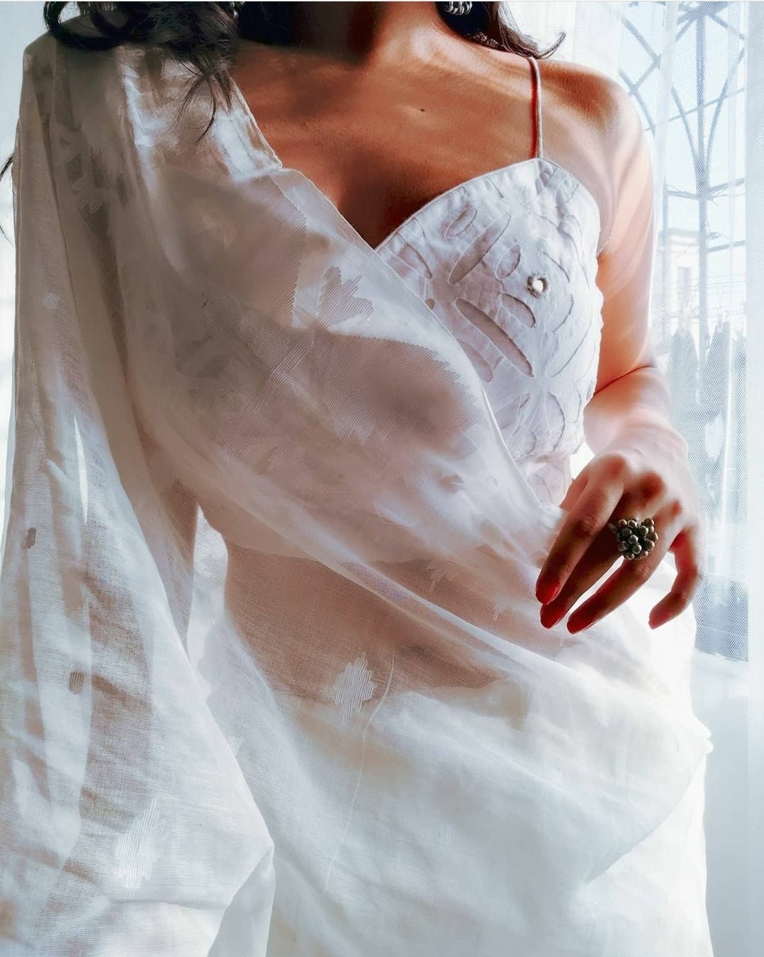 White Applique Work Blouse with Mirror Work - womenswear -