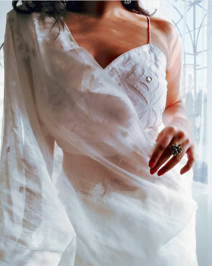 White Applique Work Blouse with Mirror Work - womenswear -