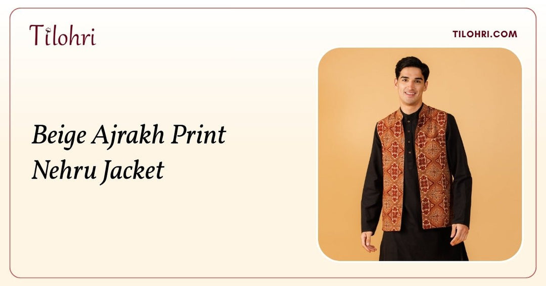 Beige Ajrakh Print Nehru Jacket: 16 Days, Both Sides - Tilohri