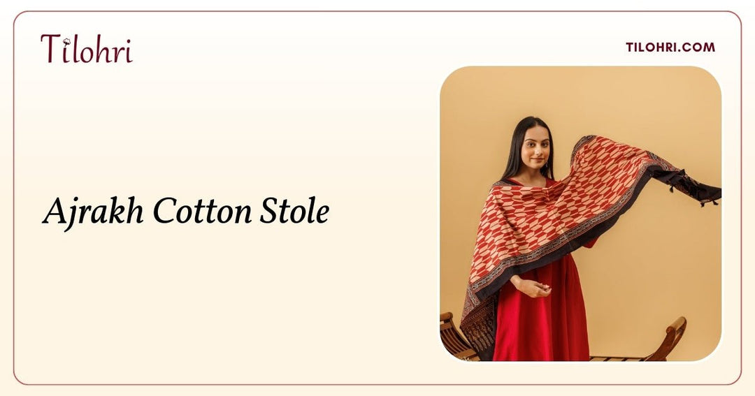 Cotton Ajrakh Stole with Handmade Tassels: A 16-Day Craft Journey - Tilohri