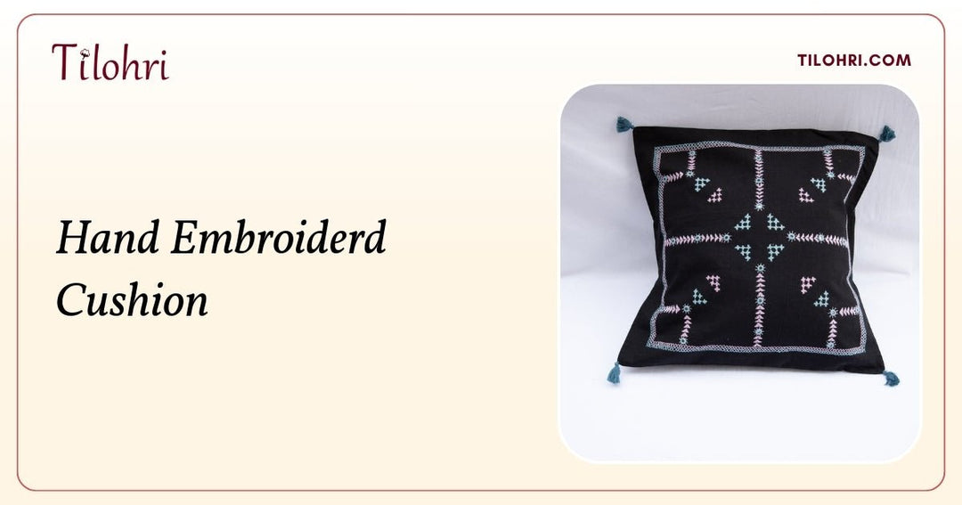Cotton Hand Embroidered Cushion with Tassels: A Threaded Story - Tilohri