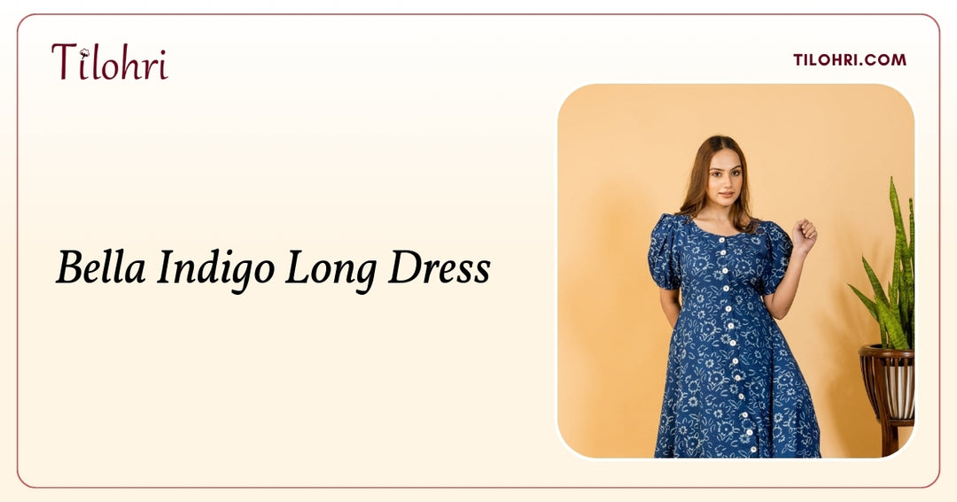 Natural indigo hand block dyed cotton Bella Indigo Long Dress with shell buttons and pockets