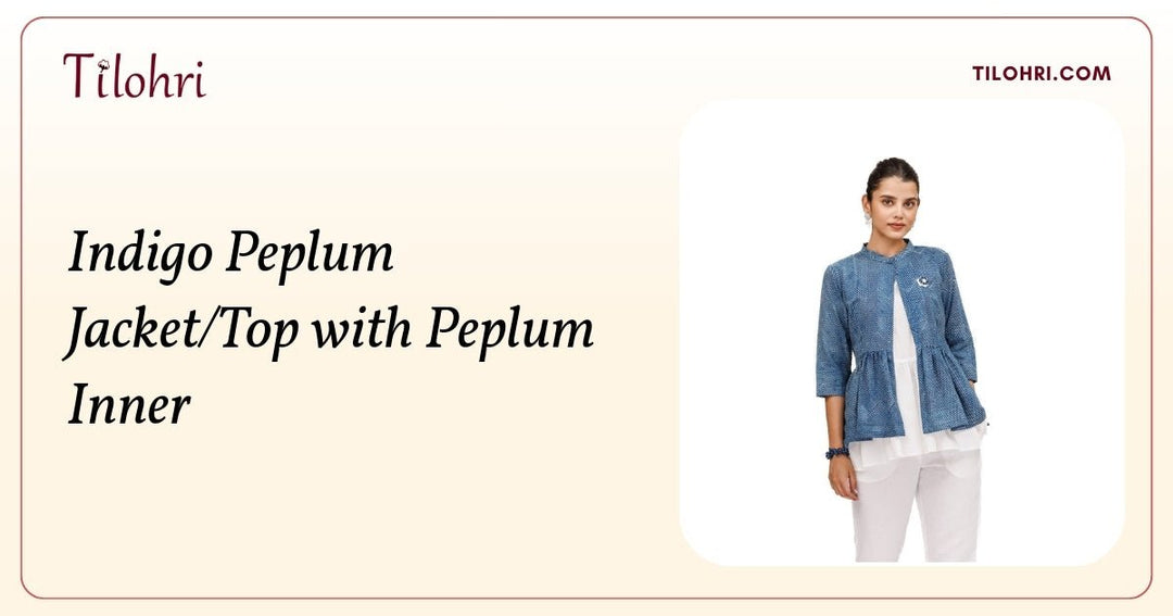 Indigo Cotton Peplum Jacket with Handmade Brooch: A Hand-Block Story - Tilohri