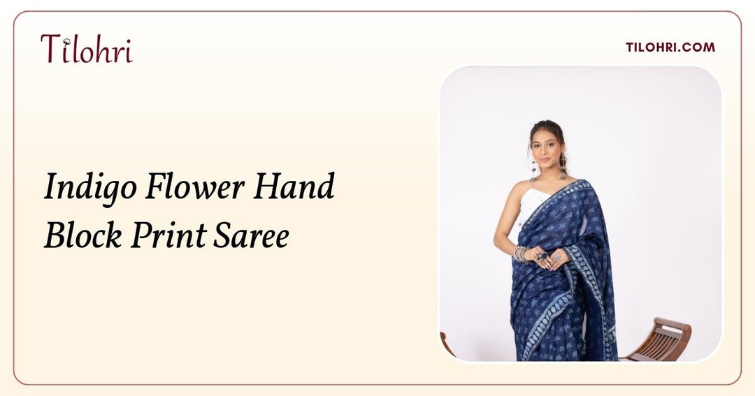 Indigo Flower Hand Block Print Saree: A Chanderi Story - Tilohri