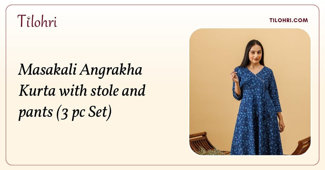 Indigo Hand-Block Angrakha Kurta Set: Layered Depth in Blue - Tilohri