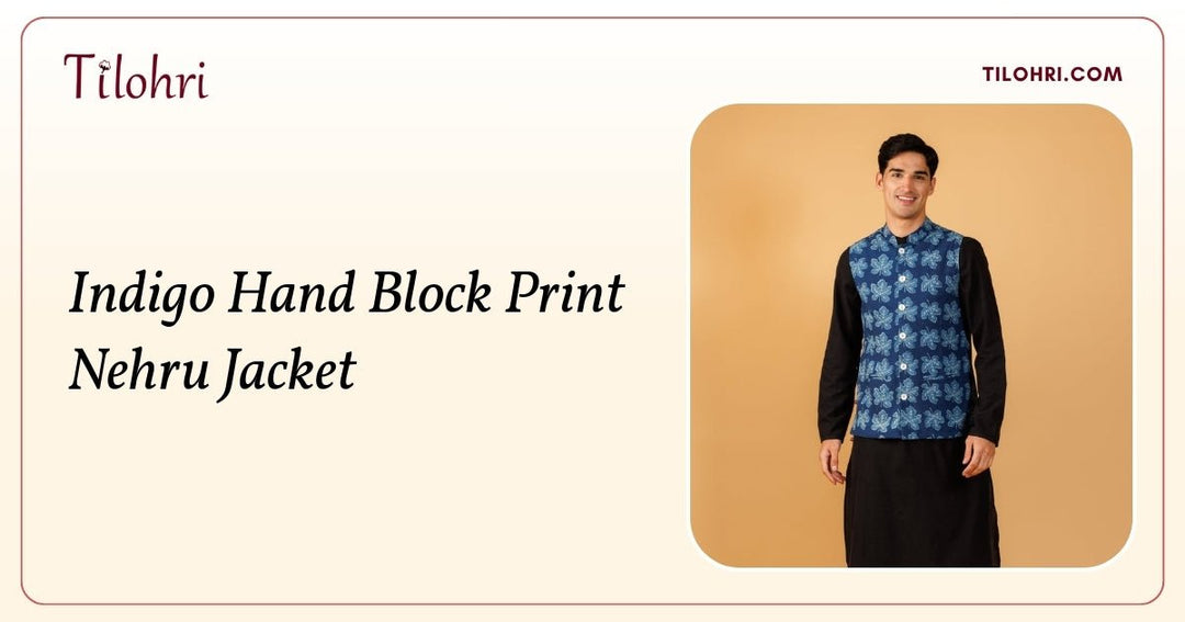 Indigo Hand Block Print Nehru Jacket: The Depth of Natural Indigo - Tilohri
