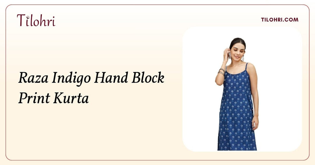 Indigo Hand Block Print Spaghetti Strap Kurta: Layered Blue Depth - Tilohri