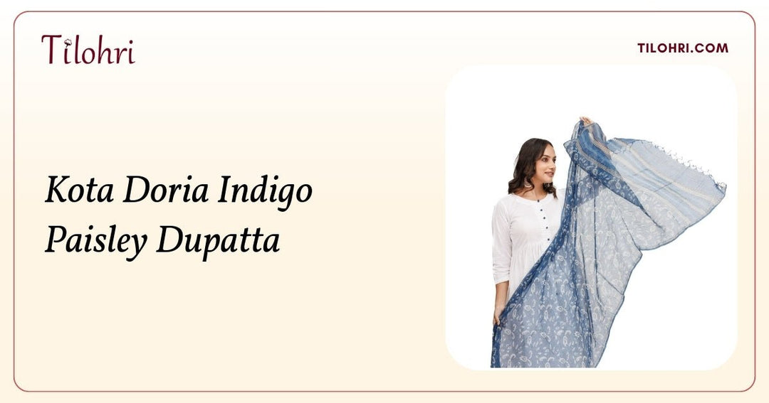 Indigo Hand-Blocked Kota Doria Paisley Dupatta: A Layered Story - Tilohri