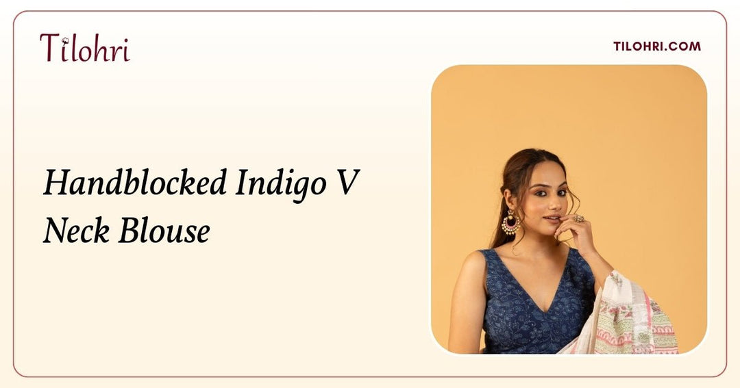 Indigo Handblocked V Neck Blouse: Layered Depth in Blue - Tilohri