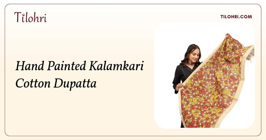 Natural Colour Cotton Kalamkari Dupatta with Zari Border - Tilohri