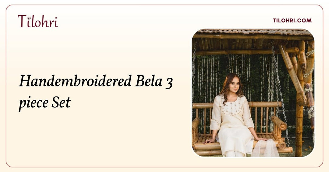 Pearl-Embellished Handembroidered Cotton Silk Set: A Delicate Story - Tilohri