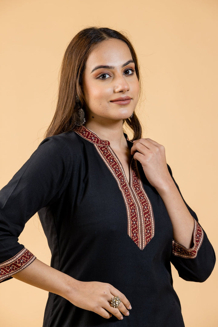 Farida Black Kurta and Ajrakh Pant - womenswear -