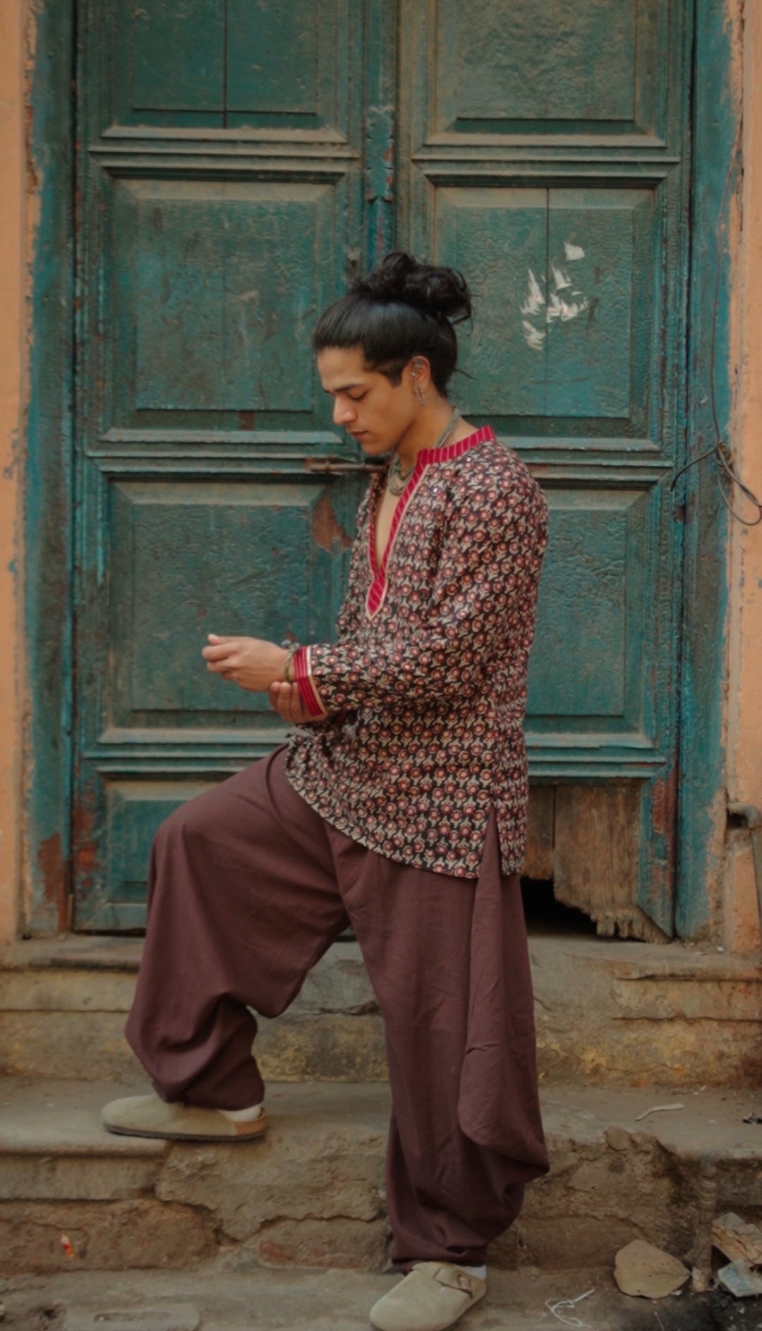 Festive Bagru Short kurta with mirror work - mens - 