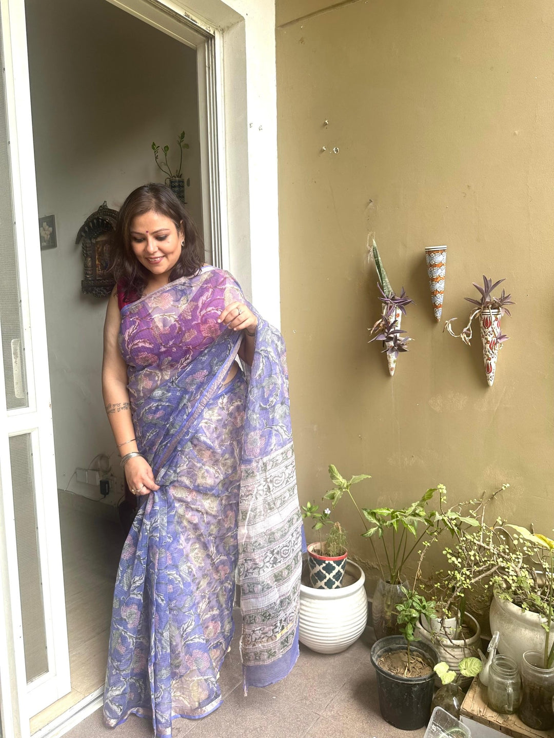 Mauve Floral Kota Handblocked Saree - womenswear - 