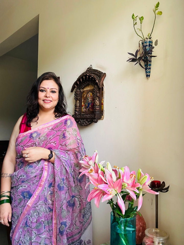 Pink Floral Kota Handblocked Saree - womenswear - 