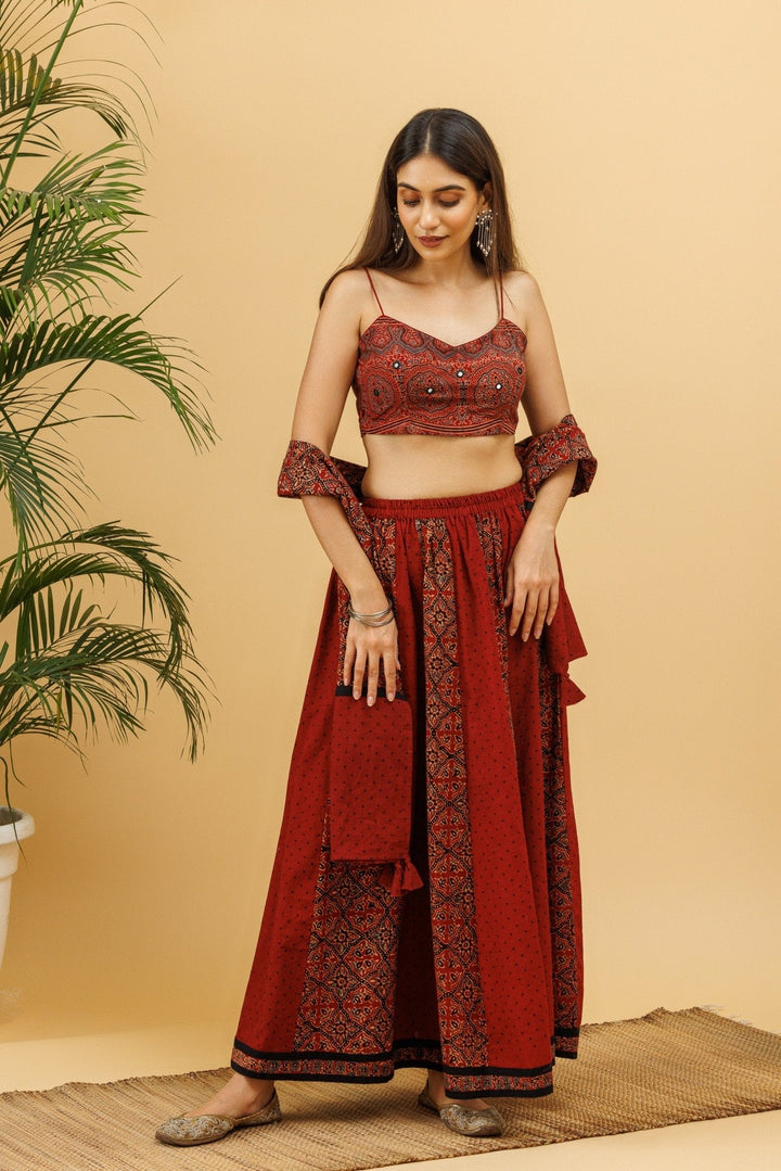 Razaa Maroon Ajrakh Kalidaar Elasticated Long Skirt with Stole - womenswear - 