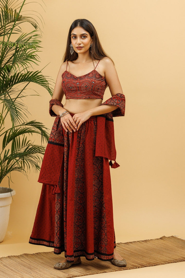 Razaa Maroon Ajrakh Kalidaar Elasticated Long Skirt with Stole - womenswear - 