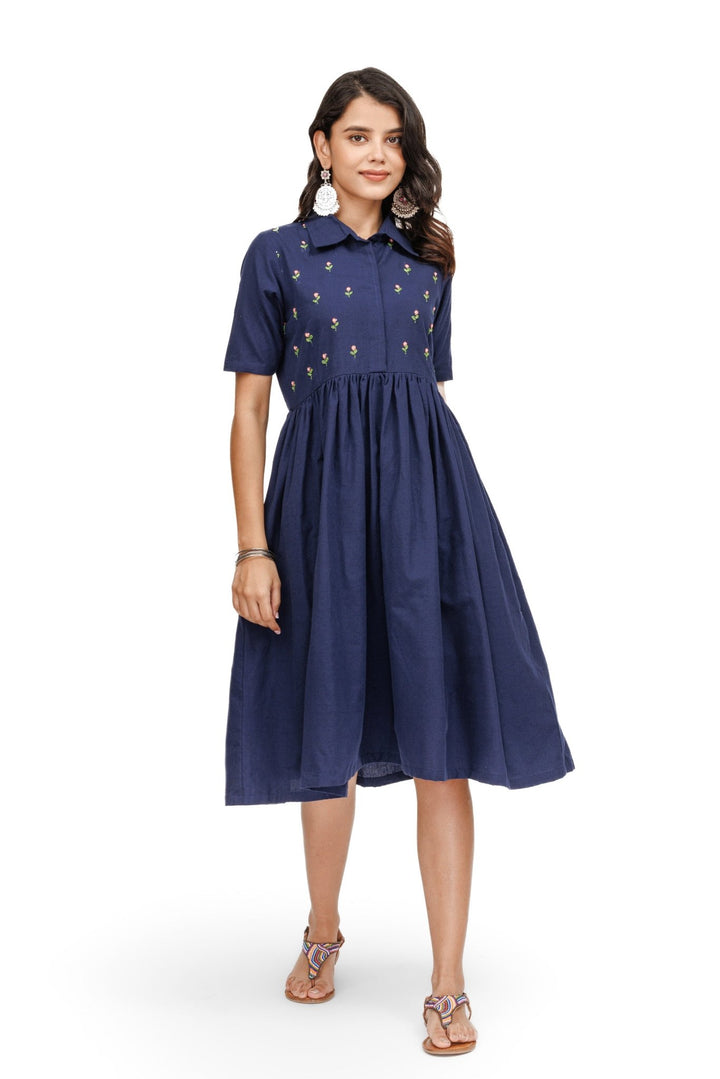 Handloom Hand Emroidered Dress - womenswear - 1007/W/D/HBL