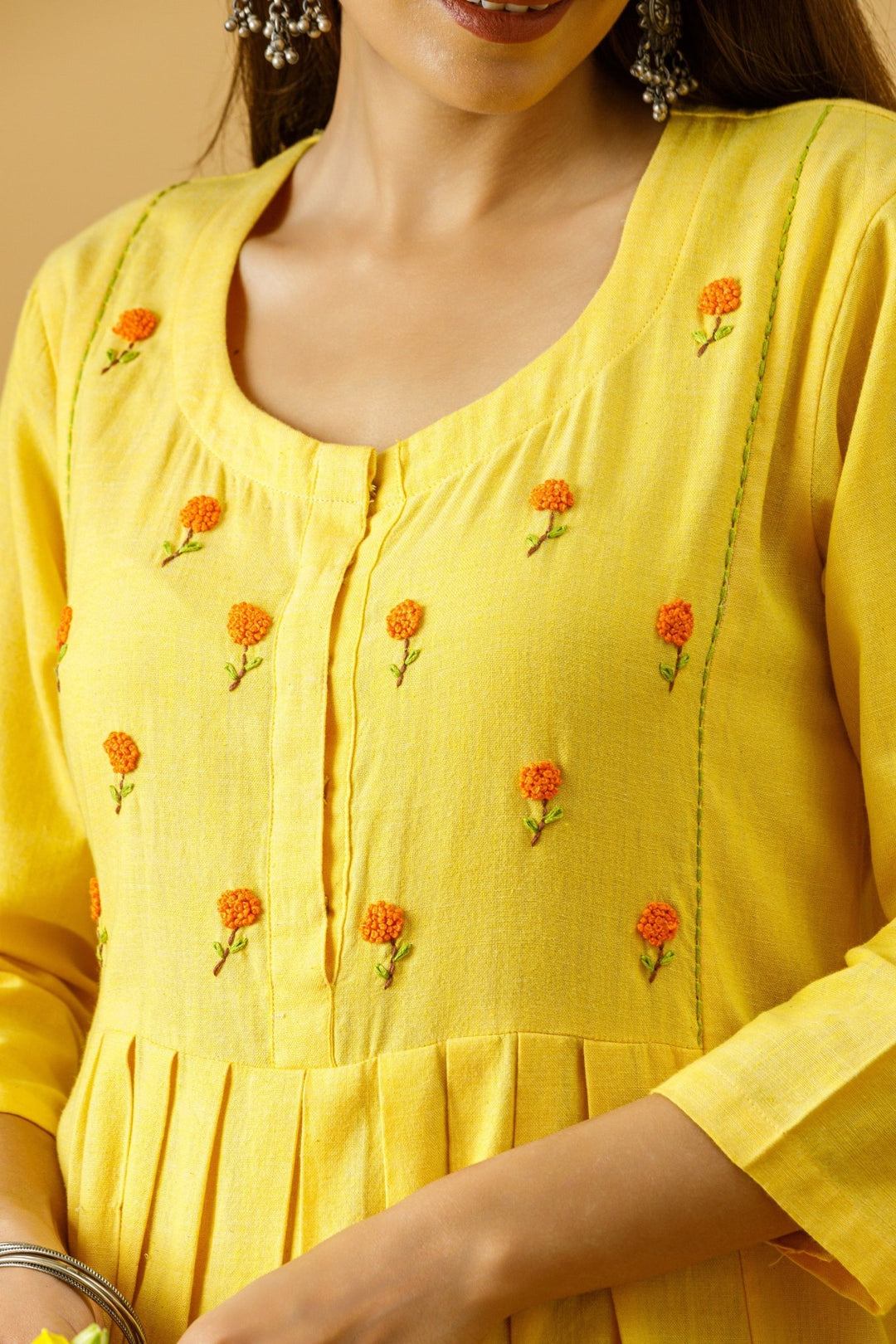 Marigold Handloom Hand Embroidered Dress With Slip - womenswear - 1011/W/D/Y