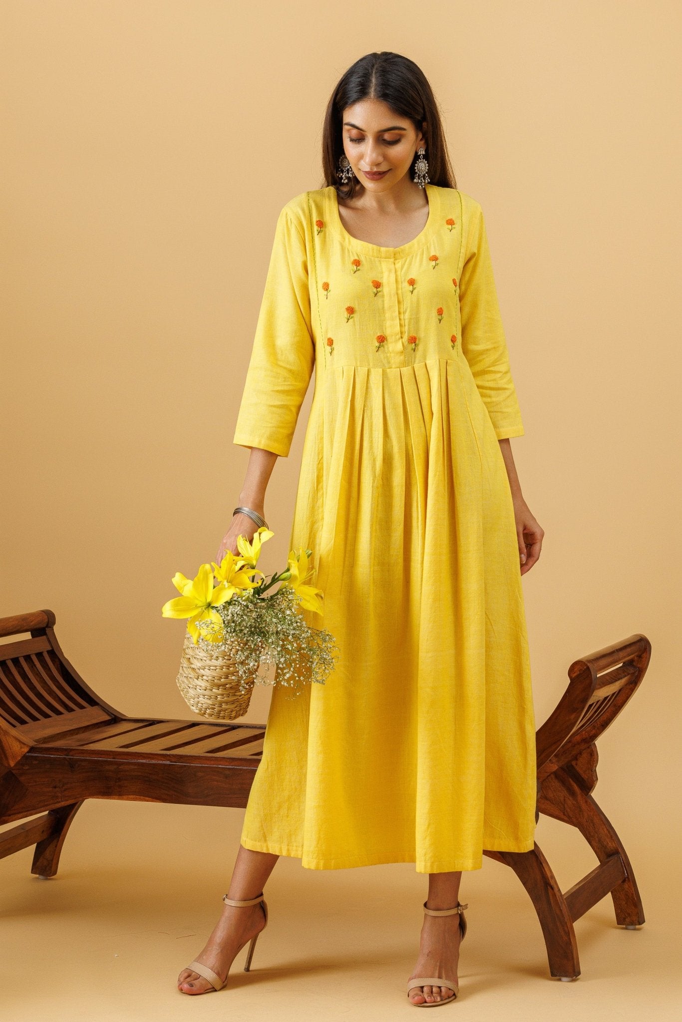 Marigold Handloom Hand Embroidered Dress With Slip