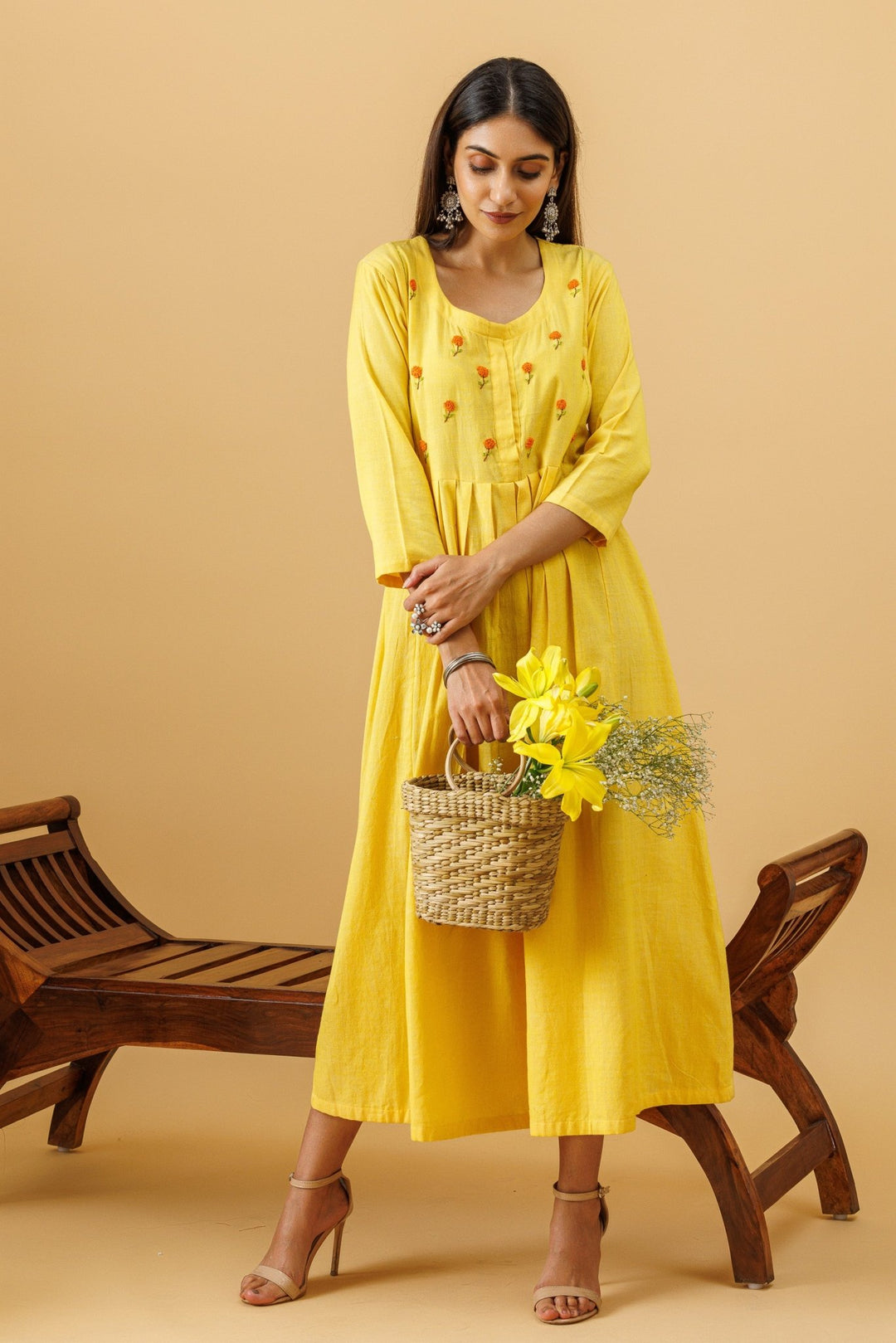 Marigold Handloom Hand Embroidered Dress With Slip - womenswear - 1011/W/D/Y